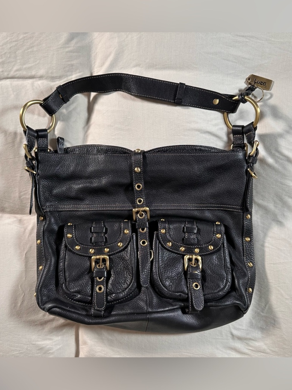 Lucē Black Leather Gold Embellishment Retro Goth Y2K Grunge Purse Emo Punk 2000s